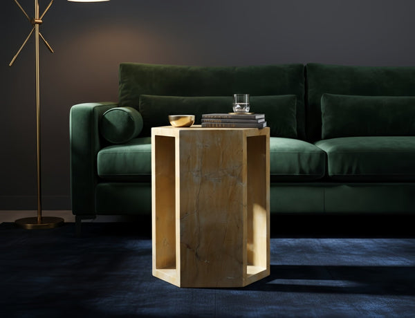 English Elm Genuine Solid Marble Hexagonal Pedestal End Table Polished Stone for Modern Living Gold W1696P407995