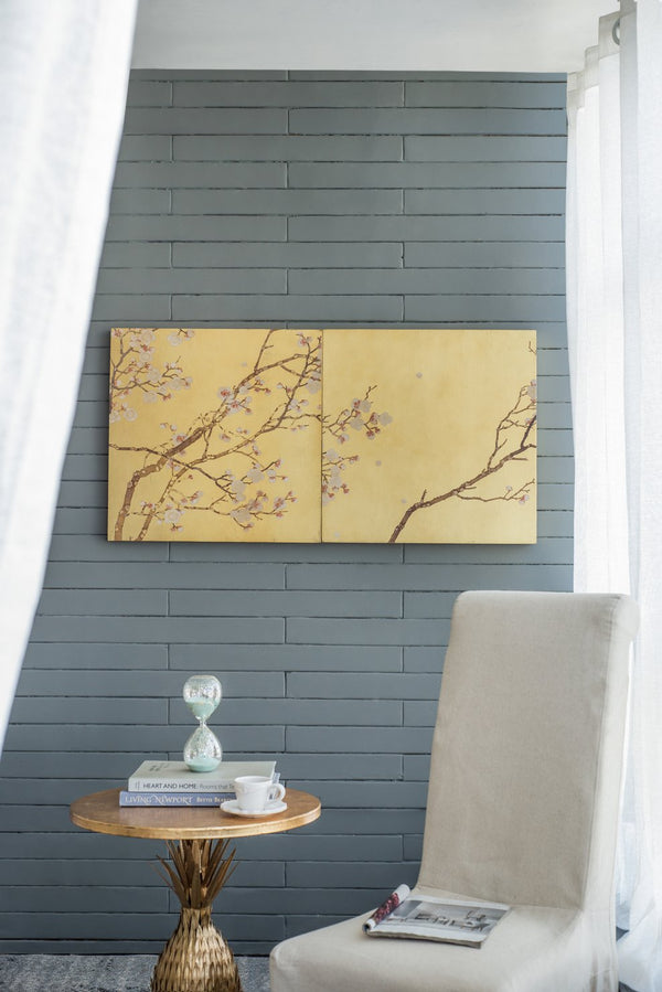 English Elm S/2 Cherry Tree Panel Wall Art Set - Gold Pink Brown Floral Landscape for Living Room & Bedroom Decor W2078P313337