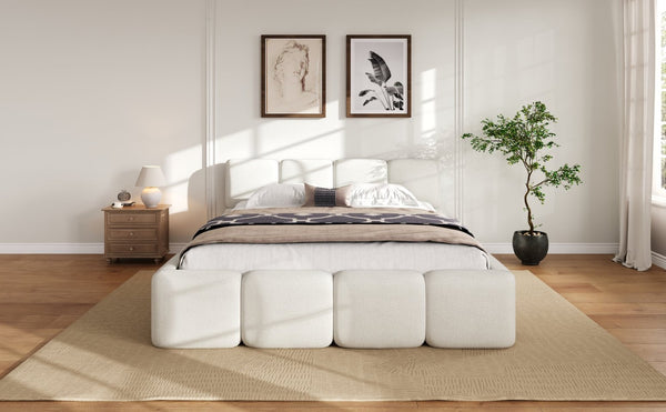English Elm Queen Boucle Upholstered Platform Bed Low Profile Block Silhouette for Modern Bedroom N757P385459W