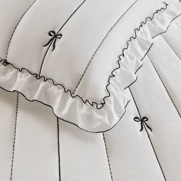 English Elm 3-piece Reversible Microfiber Quilt Set Bow Embroidery Ruffled Trim Romantic Bedroom White+Black B035P482885