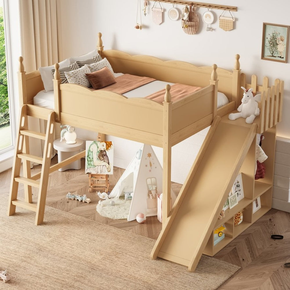 English Elm Twin Loft Bed Solid Pine Frame with Wardrobe Shelving Detachable Slide Kids Room Natural W5305S00022