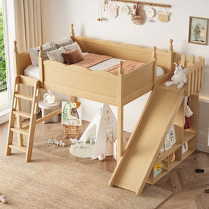 English Elm Twin Loft Bed Solid Pine Frame with Wardrobe Shelving Detachable Slide Kids Room Natural W5305S00022