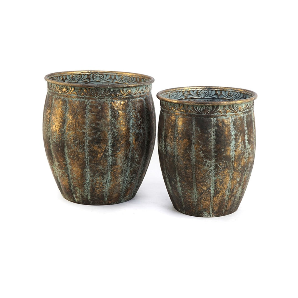 English Elm Set of 2 Distressed Iron Planters with Golden Patina for Indoor Outdoor Decor W2078P498286