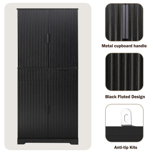 English Elm 72" Fluted Kitchen Pantry Cabinet with Anti-Tilt Stabilizers, Triple-Fold Hinges, Spice Door Racks and Deep Storage Black W2917P294985