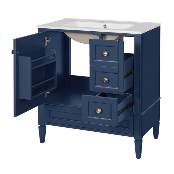 English Elm 30 30 Inch Bathroom Vanity with Ceramic Sink, Modern Compact 3-Drawer Storage Cabinet for Small Baths Blue N710P247499C