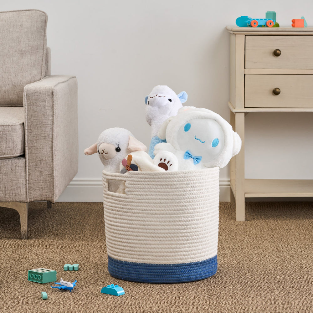 English Elm Cotton Round Laundry & Storage Basket with Sturdy Handles 21.7"x13" Spacious Neutral Two-Tone Design White+Blue B093P295112