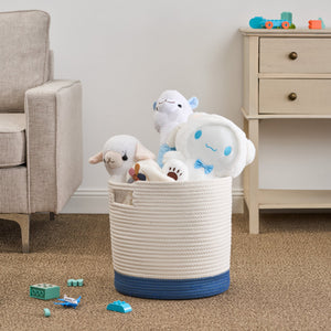 English Elm Cotton Round Laundry & Storage Basket with Sturdy Handles 21.7"x13" Spacious Neutral Two-Tone Design White+Blue B093P295112