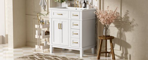 English Elm 30" Bathroom Vanity with Ceramic Sink and Deep Storage, Soft-Close Doors, Gold Handles, Durable Wood Frame White N729P276610K