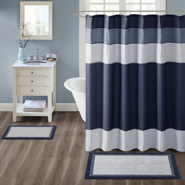 JLA Home Madison Park - Cotton Plush Tufted Bath Rug — Absorbent 100% Cotton, Machine Washable, Skid-Resistant Neutral Accent Navy MP72-6205