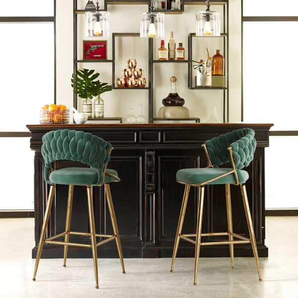 English Elm Counter Height Stools Set of 2 Mid-century Metal Legs Ergonomic Kitchen Island Seating Green T3623P430872