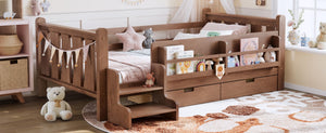 English Elm Twin Pine Floor Bed with Guardrails Built-in Bookcases and Stair Steps for Kids Natural W1580P430200