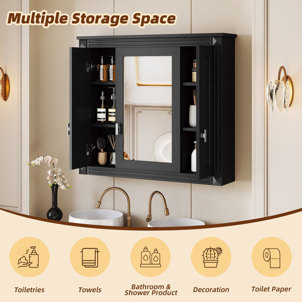 English Elm Bathroom Wall Cabinet with Mirror and 5 Shelves — Wall-Mounted Medicine Cabinet, Modern Storage Solution Black N710P252503B