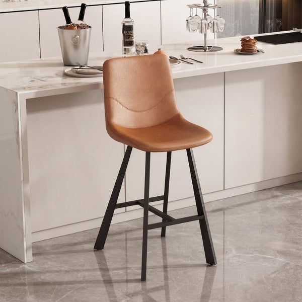 English Elm Faux Leather Counter Stools Set of Two Ergonomic Curved Back Metal Frame Kitchen Seating Cognac W5096P400395