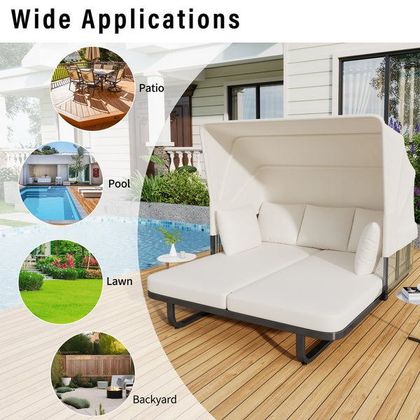 English Elm 57" Outdoor Patio Daybed with Retractable Sunshade Canopy, Rattan Accents, Water-Repellent Fabric, Durable Iron Frame Beige N719Z000150A