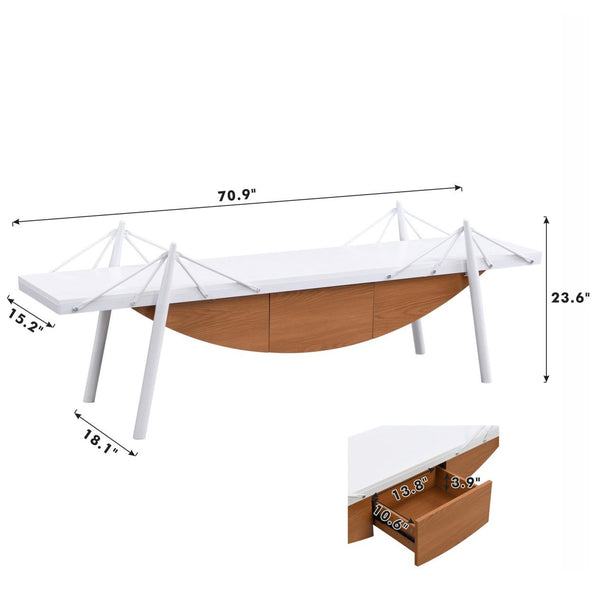 English Elm Sailboat-Shaped Modern TV Stand 70.87" Nautical Media Console with Drawer, MDF Build, Sturdy Metal Support White W2317P253393