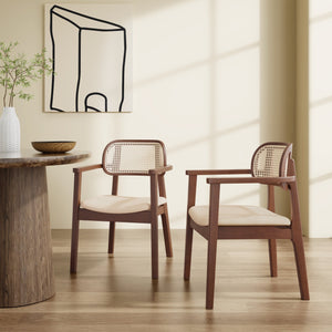 English Elm Christopher Knight Home® - Orrin Rattan & Wood Dining Chair with Armrests Set of 2 — Modern Comfortable Fabric Seats, 300 lb Beige+Brown 43 L x 25.75 W x 13.25 H N776P340269D