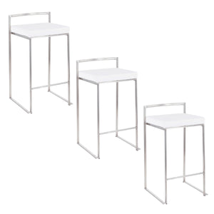 English Elm Fuji 26" Stackable Counter Stool Set Of 3 In Modern Stainless Steel With Plush White Velvet Seats B202P222013