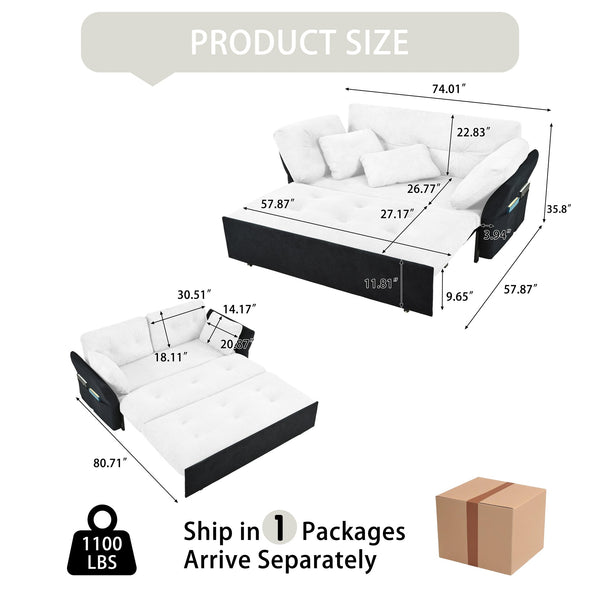 English Elm Convertible Pull Out Sofa Bed Queen Size with Steel Frame, Dual Armrests, Chenille Sleeper Couch with Storage and Casters White+Black W3163P269663