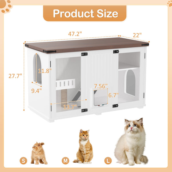 English Elm 47.25" Modern Cat Litter Box Enclosure with LED, Stairs & Scratcher, Smart Door Cabinet Side Table N704P270707K