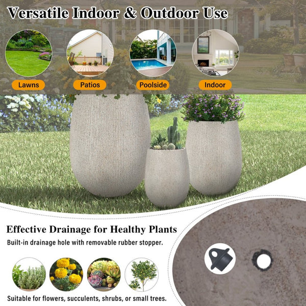 English Elm U_style Set of 3 Egg Shaped Mgo Stone Look Planters with Drainage Patio Garden N711P406659E