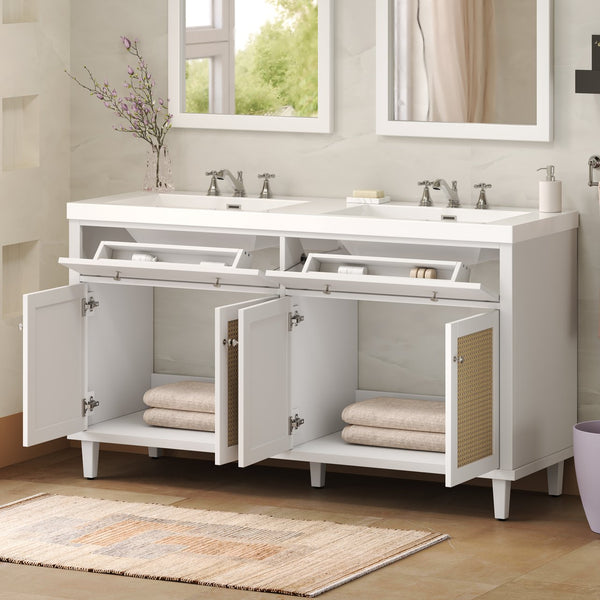 English Elm Christopher Knight Home® - 60 Inch Bathroom Vanity with Double Sinks SMC, Rattan Doors, Soft-Close Drawers, Stable Pine Legs White N817P296140W
