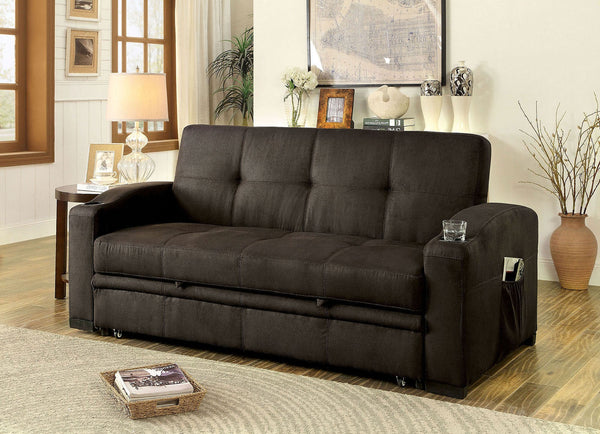 English Elm Transitional Futon Sofa with Pull-Out Trundle, Button Tufted Brown Upholstery, Cup Holders & Pockets B2741S00486