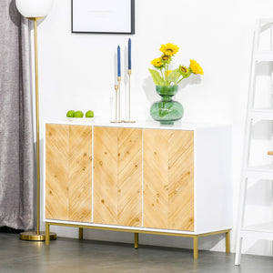 English Elm HOMCOM Rustic Chevron 3-Door Sideboard Buffet with Push-Open Doors, Adjustable Shelves & Metal Legs Natural W2225P217405