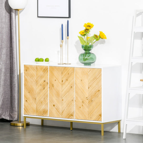 English Elm HOMCOM Rustic Chevron 3-Door Sideboard Buffet with Push-Open Doors, Adjustable Shelves & Metal Legs Natural W2225P217405