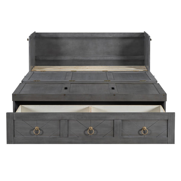English Elm Full Size Murphy Bed Cabinet with Usb Charging Drawer and Pine Wood Frame Gray LP000427AAE