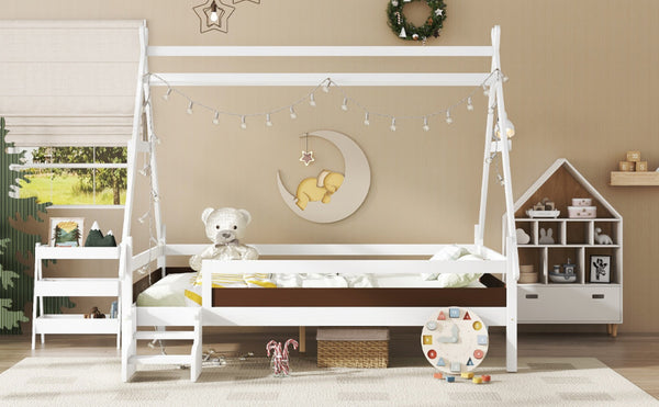 English Elm Twin House Shaped Platform Bed Solid Pine Frame with Built in Stairs for Kids Light White W1580P354720