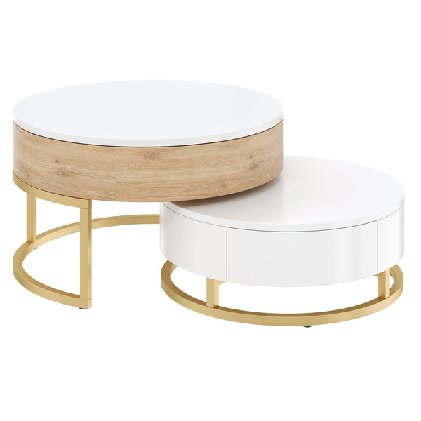 English Elm Modern Round Lift-Top Nesting Coffee Tables with Drawers, White & Natural — Stylish Space-Saving Duo CH338993AAK