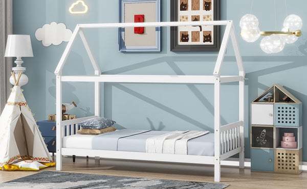 English Elm Twin House Bed with Headboard and Footboard — Space-Saving Rubberwood Frame, Playful Architectural Design White W504P225951