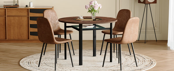 English Elm Table Set Modern Round 42 Inch Wood Grain Glass Inset with 4 Fabric Chairs for Dining W1151S04477