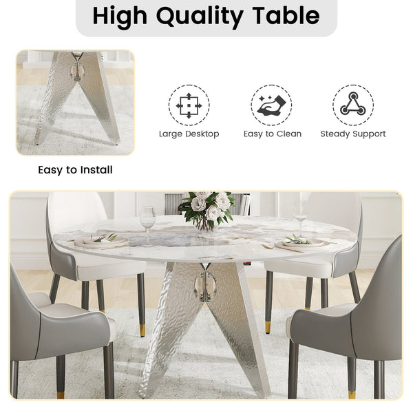English Elm 59.05" Round Marble Dining Table - Sturdy Stainless Steel Base, Seats 6-8, Stylish For Modern Homes W1535S00463