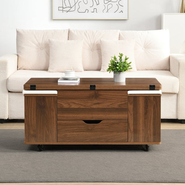 English Elm Christopher Knight Home® - Multi-Functional Lift-Top Coffee Table with Hidden Storage, 4 Stools, Lockable Casters & Desk Space Walnut,White N770P309783W