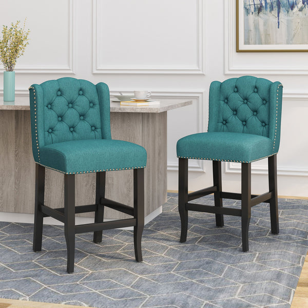 English Elm Christopher Knight Home® - Vienna Fabric Tufted Wingback Counter Stools Set of 2 with Rivet Trim Rubberwood Legs, 27" Seat Height Teal 64855.00T