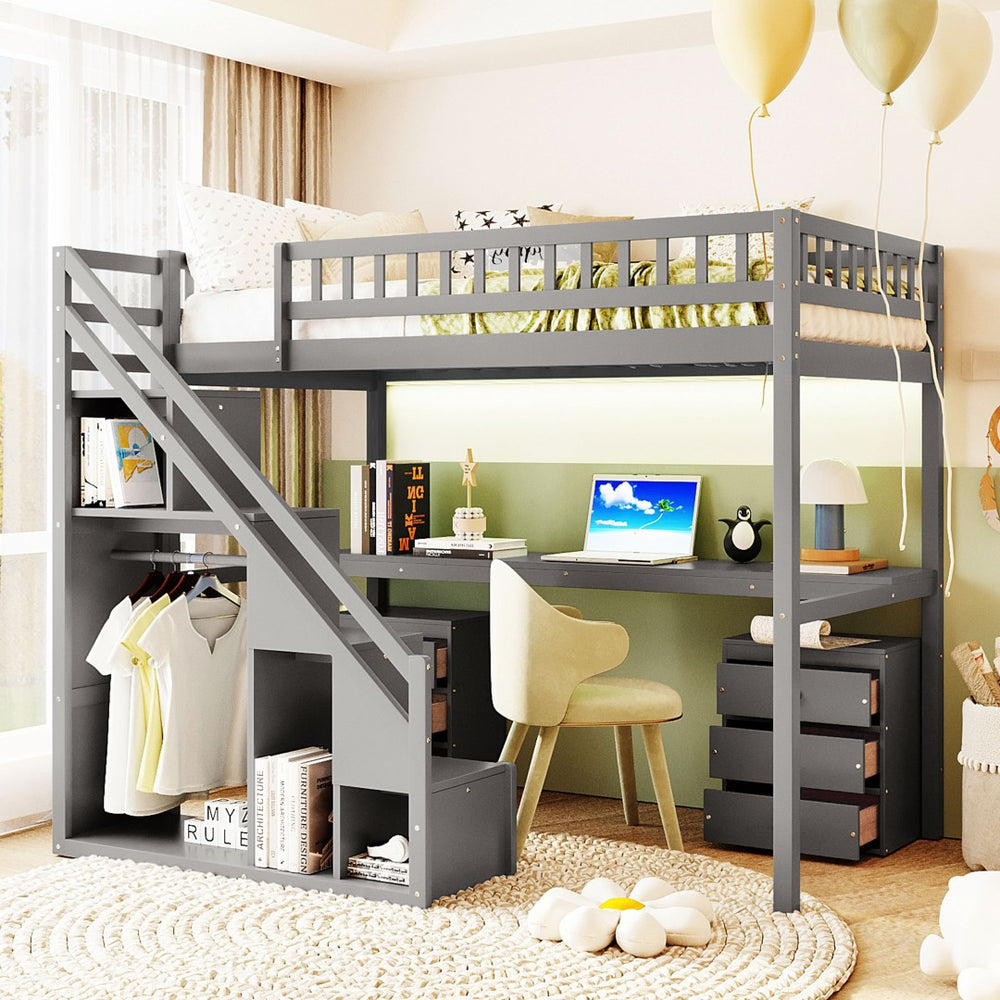 English Elm Twin Loft Bed with Staircase Desk Dual Drawers and Led Strip for Kids Rooms Gray LT000257AAE-1