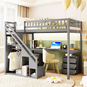 English Elm Twin Loft Bed with Staircase Desk Dual Drawers and Led Strip for Kids Rooms Gray LT000257AAE-1