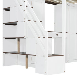 English Elm Full Size Teen Loft Bed with Wardrobe Staircase Storage Dressing Table and Led Lights LT000276AAP