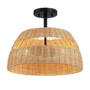 English Elm Ashcroft Furniture - Twinkle Rattan Shade Semi-Flush Light in Black Metal Finish — Double Bulb Farmhouse Accent Fixture B183P231800