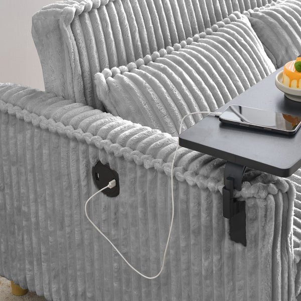 English Elm The pull-out and push-in corduroy sofa with convertible bed, movable tabletop and built-in USB ports Gray W3371P316050