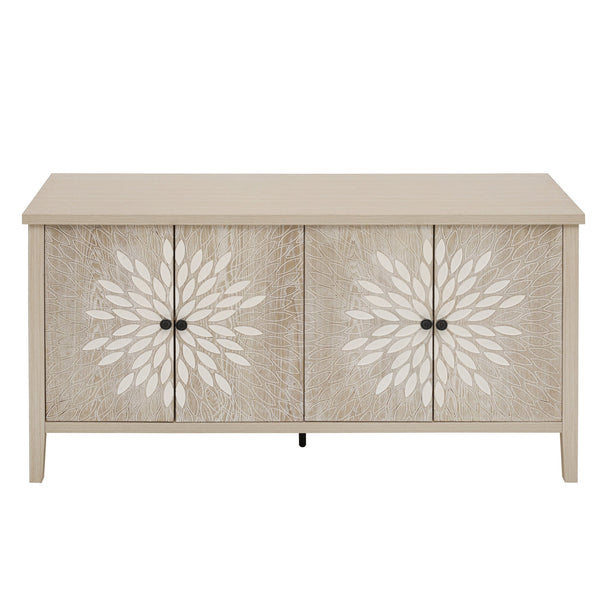 English Elm Sideboard Elegant Floral Handle Buffet Cabinet with 4 Doors, Adjustable Shelves & Reinforced Feet for Dining Room Storage Natural W688P232756