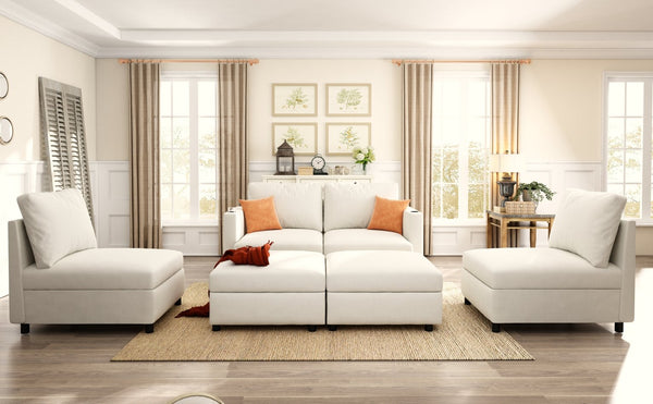 English Elm Modern Large Sectional Sofa U-Shaped 123" Modular Sofa Bed with Ottoman Storage, Plush Chenille Comfort Antique White W680S00010