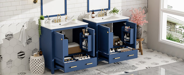 English Elm 60" Blue Double Vanity with Ceramic Sinks, Solid Wood Frame, Divided Drawers & Soft-Close Doors N729P000001C