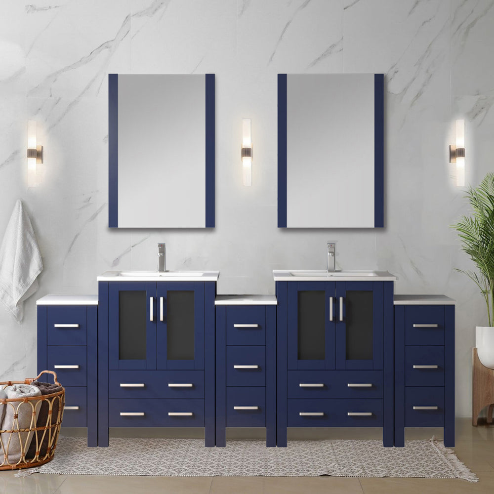 English Elm Navy Double Bath Vanity 84" W x 18.25" D with Side Cabinet, White Ceramic Top, Chrome Faucet Set, Soft-Close Storage B2731S01174
