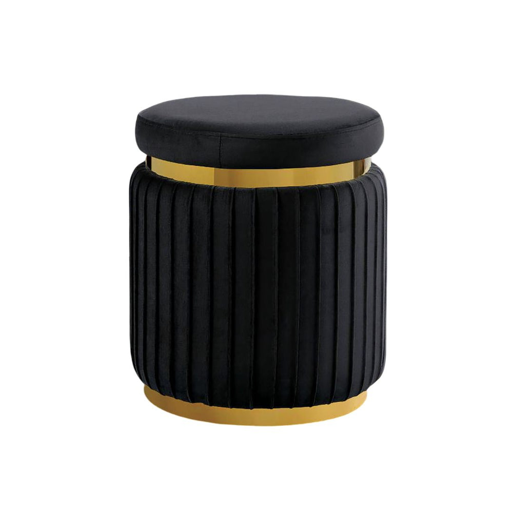English Elm Black Round Velvet Accent Stool 15"W x 18"H — Pleated Contemporary Ottoman with Gold Trim Base, Plush Elegance B2741P388360