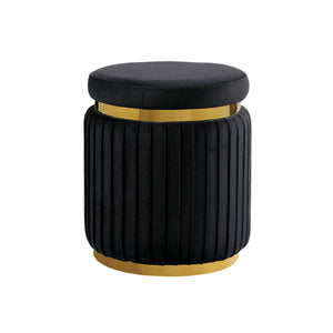 English Elm Black Round Velvet Accent Stool 15"W x 18"H — Pleated Contemporary Ottoman with Gold Trim Base, Plush Elegance B2741P388360