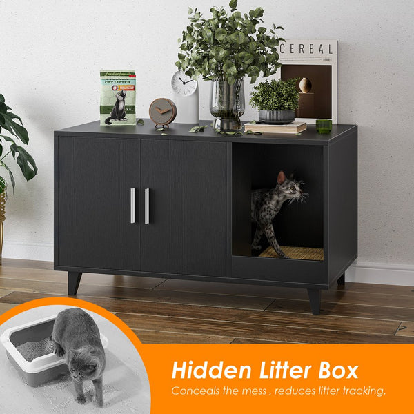 English Elm STARY Hidden Cat Litter Box Enclosure Furniture with Scratch Pad, Odor-Control, Sturdy 120LB Load Black T3623P339384