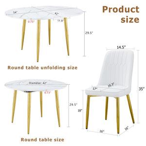 English Elm Table and Chair Set Extendable Round Mdf Dining with Gold Legs Four Pu Seats W1151S03954