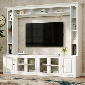 English Elm 4-Piece Modern Entertainment Center Wall Unit with Tempered Glass Doors, Adjustable Shelves, Designer Bridge and Cable Management for Spacious Living Room Storage White N721S000052K
